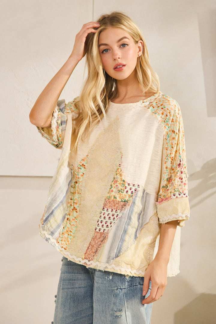 WASHED PRINT PATCHWORK SHORT SLEEVE TOP