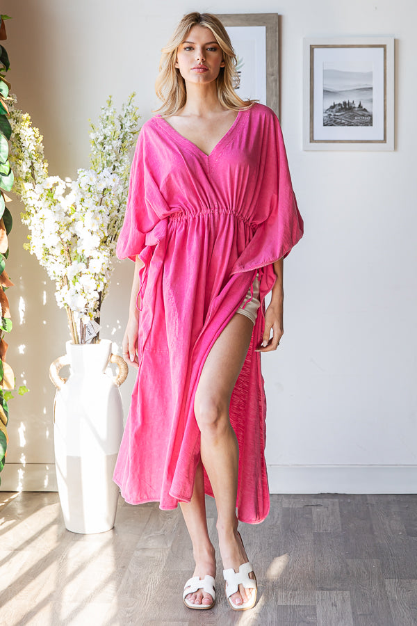 WASHED V NECK RUCHED WAIST COLD SHOULDER MAXI TOP