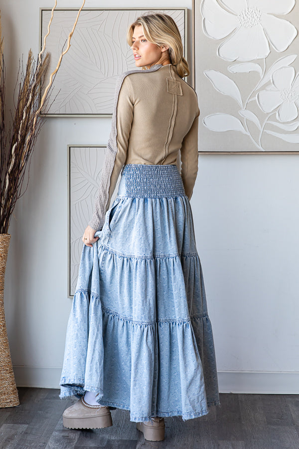 WASHED PRINTED MAXI TIERED SKIRT