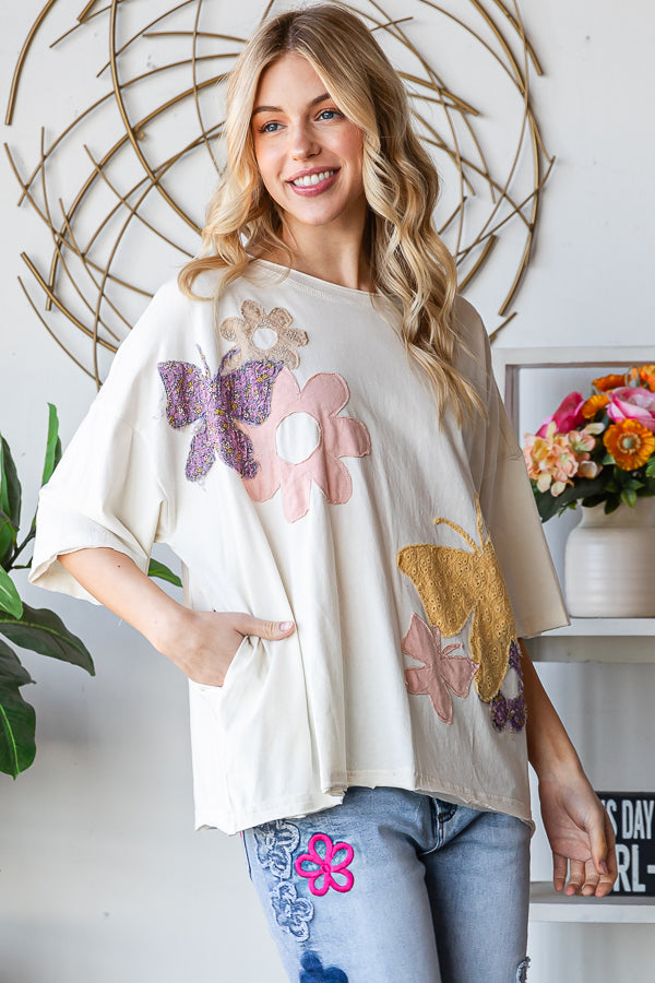WASHED FLOWER BUTTERFLY PATCHWORK SHORT SLEEVE TOP