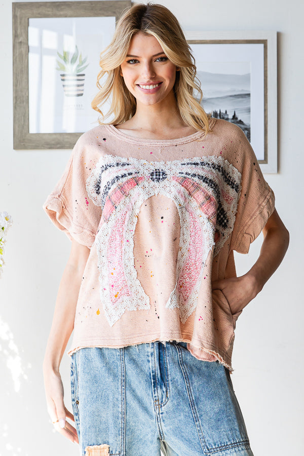 PAINT SPLATTER DETAIL RIBBON PATCHWORK TOP
