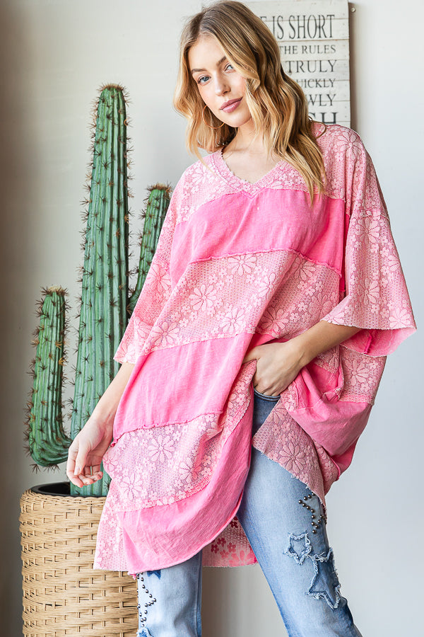 LACE MIX MEDIA SHORT SLEEVE FRAYED HEM BOXY TOP