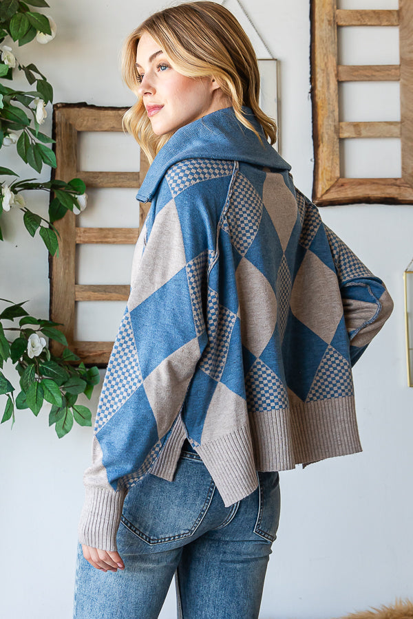 TWO TONE ARGYLE HALF ZIP UP PULLOVER SWEATER TOP