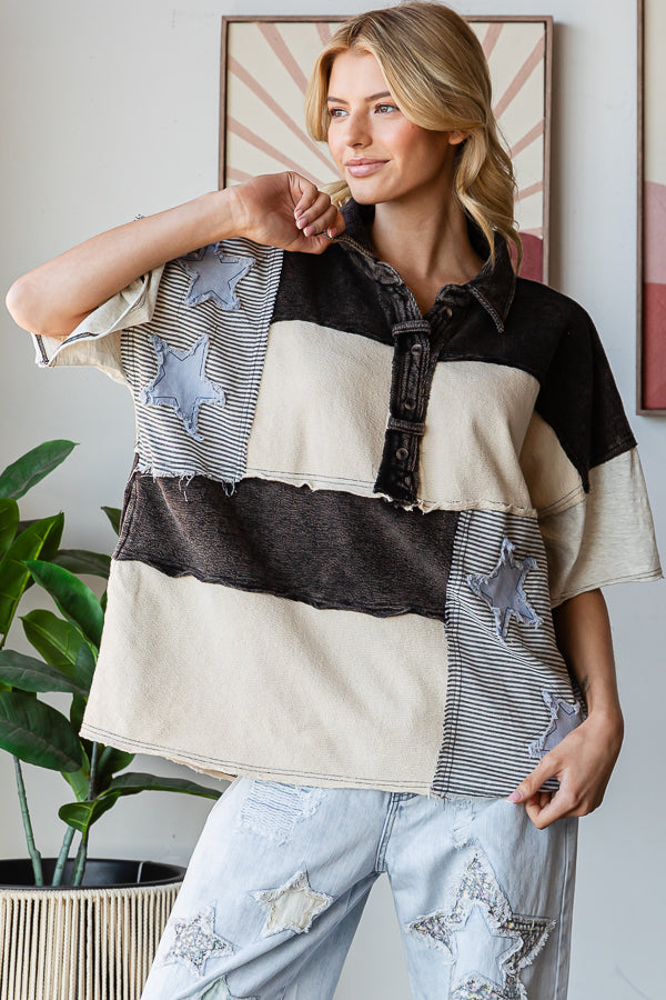 WASHED STAR PATCHWORK HALF COLLARED SHIRT