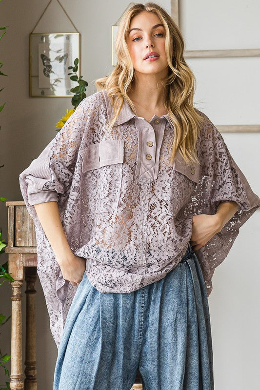 WASHED COLLAR BUTTON NECK MIX MEDIA LACE TOP