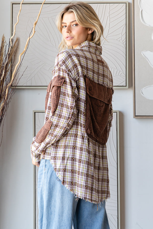 WASHED PLAID CONTRAST 3D POCKETS BUTTON DOWN SHIRT