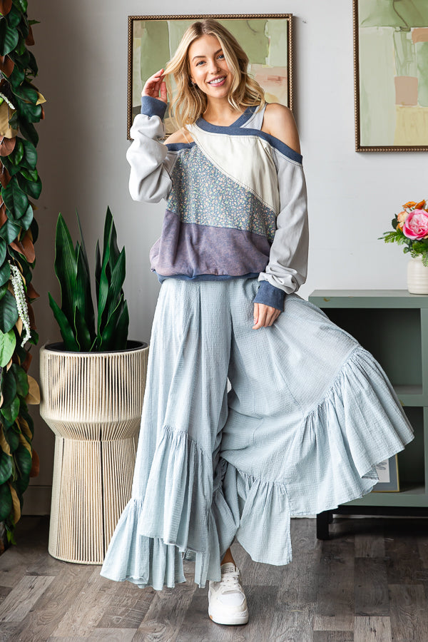 WASHED WIDE LEG RUFFLED HEM PANTS