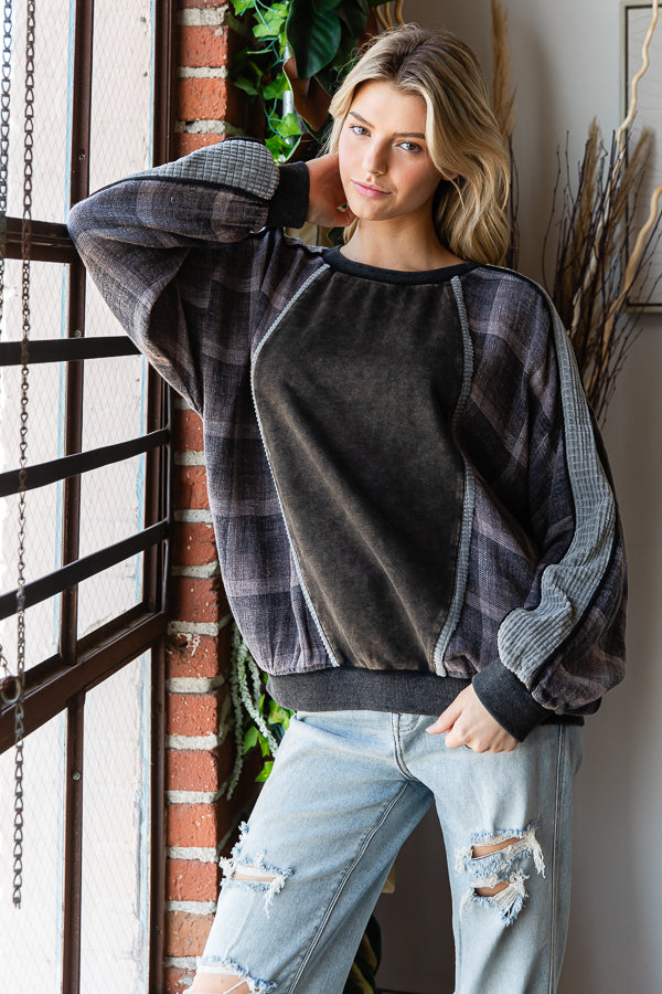 WASHED PLAID MIX MEDIA LONG SLEEVE PULLOVER TOP