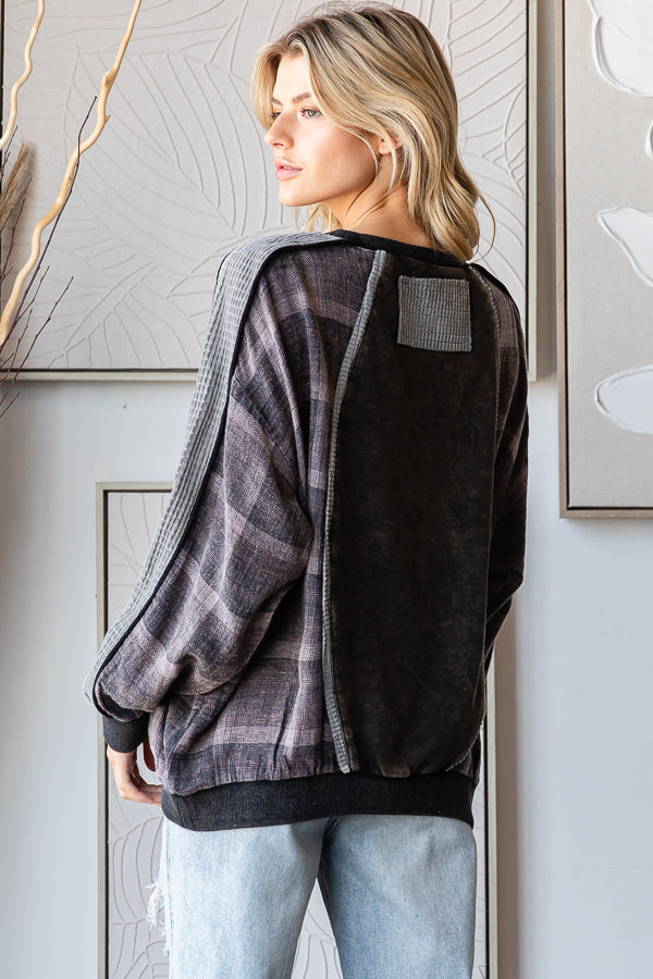 WASHED PLAID MIX MEDIA LONG SLEEVE PULLOVER TOP