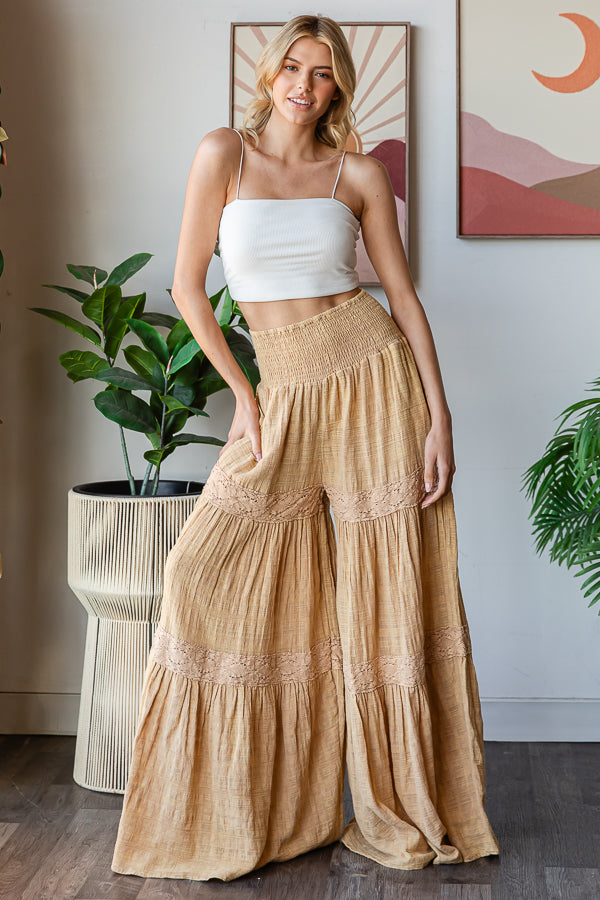WASHED LACE TRIM TERRY WIDE LEG PANTS