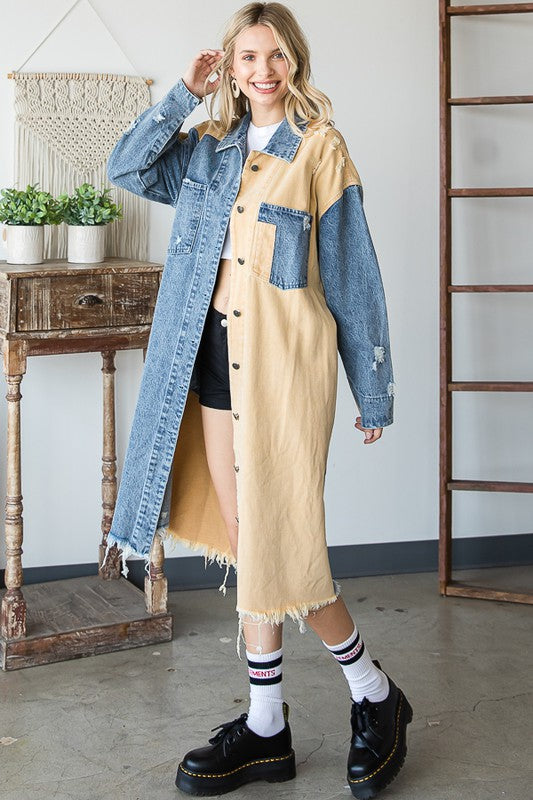 WASHED COLORBLOCK DETAIL DENIM LONG JACKET