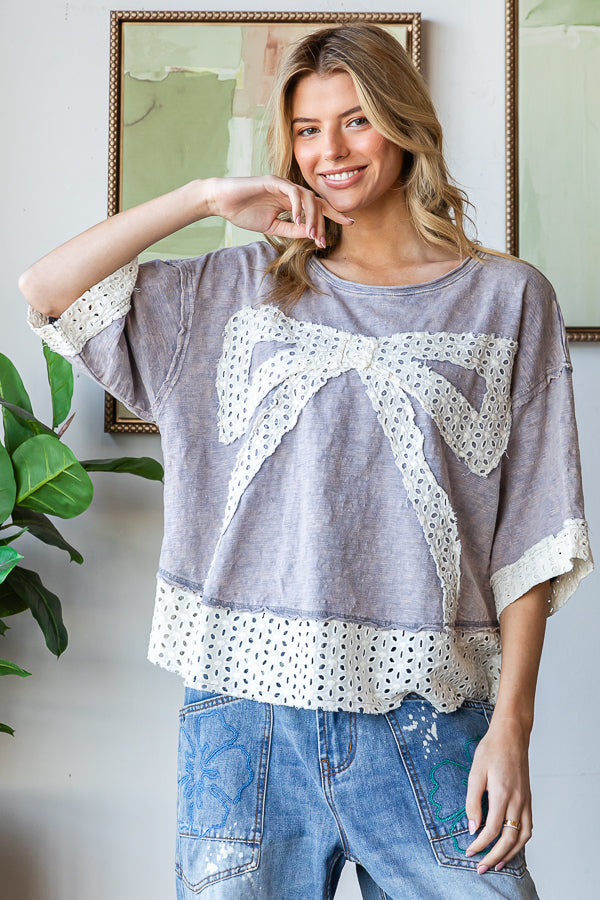 WASHED RIBBON PATCHWORK SHORT SLEEVE OVERSIZED TOP
