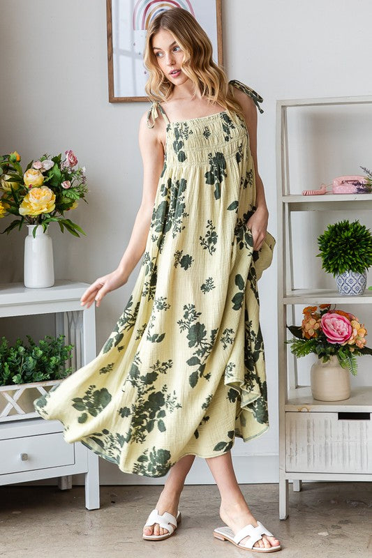 PRINTED TIE STRAPS SMOCKED FRONT MAXI DRESS