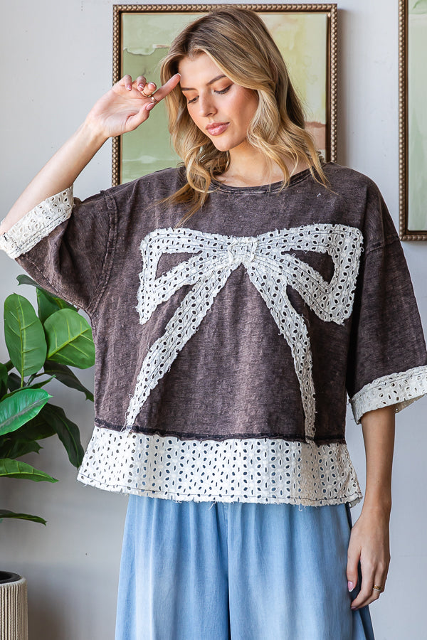 WASHED RIBBON PATCHWORK SHORT SLEEVE OVERSIZED TOP