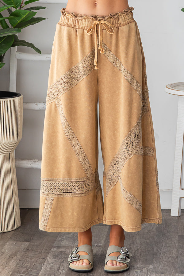WASHED LACE TRIM TERRY WIDE LEG PANTS