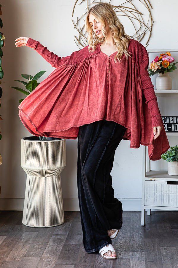 WASHED PLEATED DETAIL LONG SLEEVE FLARE TUNIC TOP