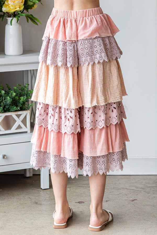 WASHED MIX MEDIA TIERED WIDE LEG CROPPED PANTS