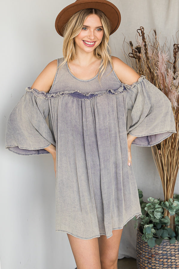 WASHED COLD SHOULDER RUFFLE DETAIL TUNIC TOP