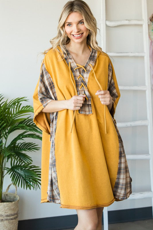 WASHED MIX MEDIA PLAID DETAIL OVERSIZED TUNIC TOP