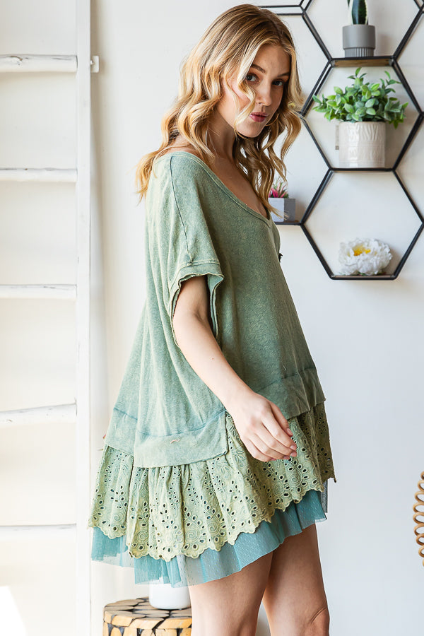 WASHED LAYERED RUFFLE EYELET LACE HEM PEPLUM TOP
