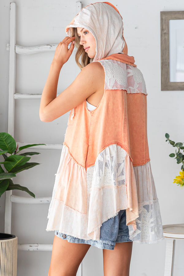 WASHED MIX MEDIA RUFFLE FLARE HEM HOODED VEST TOP