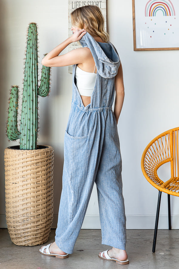 WASHED DRAWSTRING HOODED TIE WAIST LOOSE JUMPSUIT