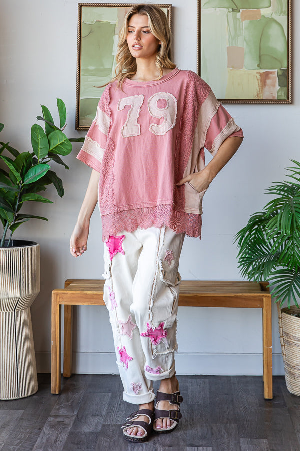 WASHED NUMBER PATCHWORK MIX MEDIA TEE