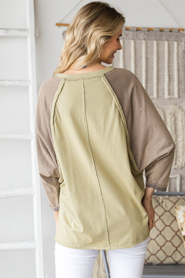 WASHED COLORBLOCK BRAIDED TRIM RAGLAN TOP