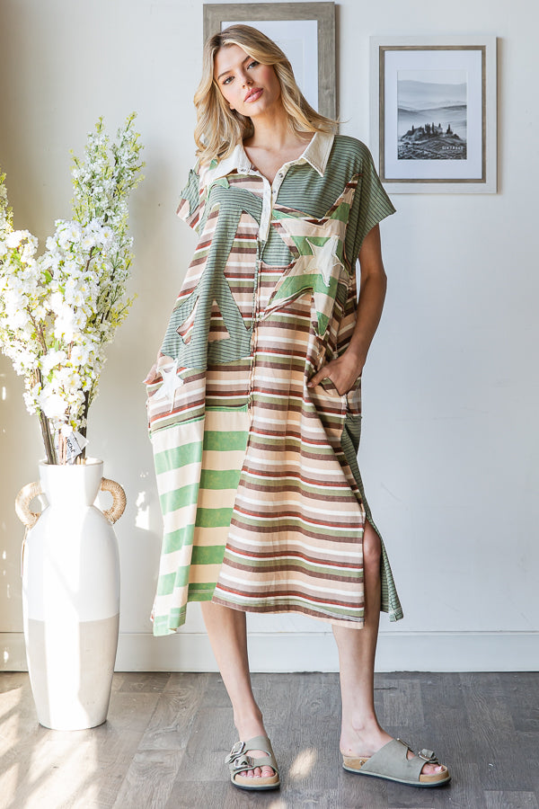 WASHED STAR AND PEACE PATCH STRIPE TEE DRESS
