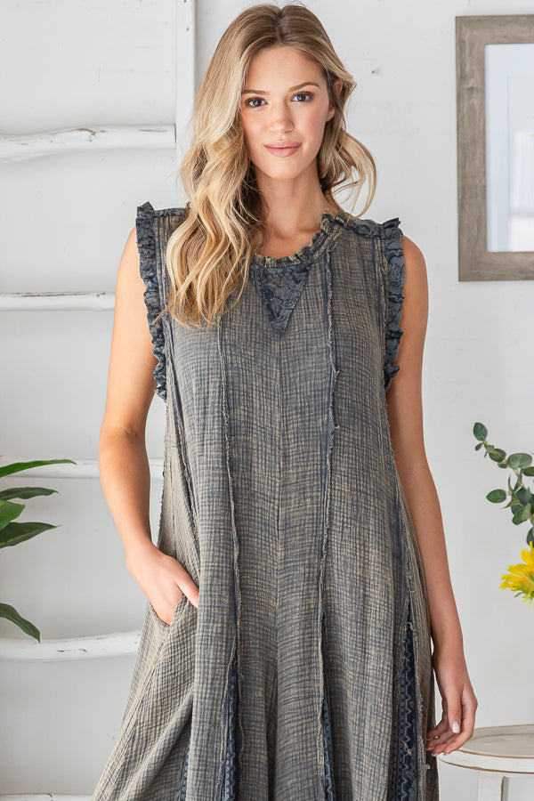 WASHED RUFFLE DETAIL COTTON GAUZE ROMPER