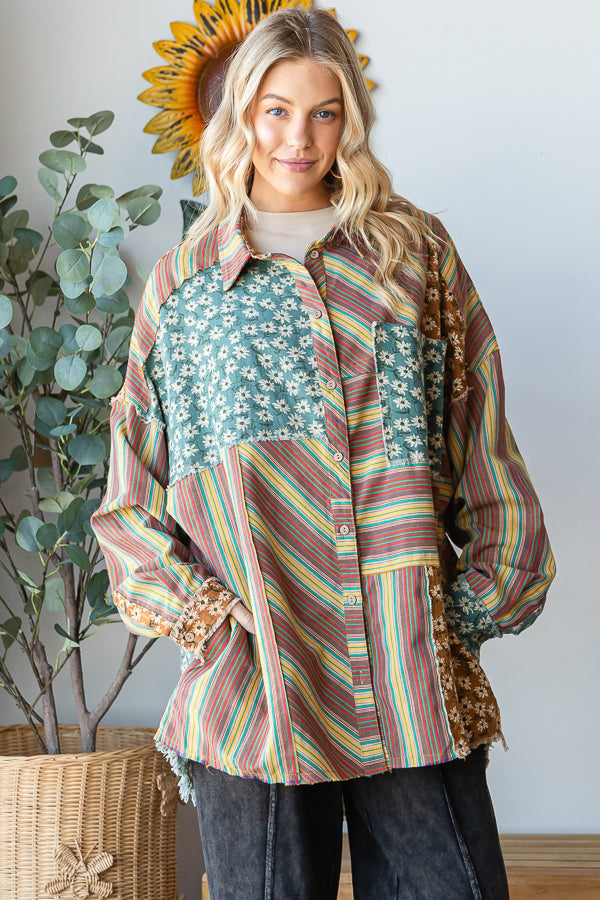 WASHED MIX MEDIA STRIPED BUTTON DOWN SHIRT