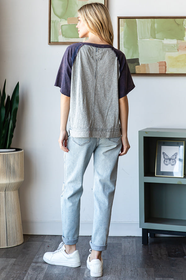 WASHED CONTRAST HENLEY NECK SHORT SLEEVE TEE