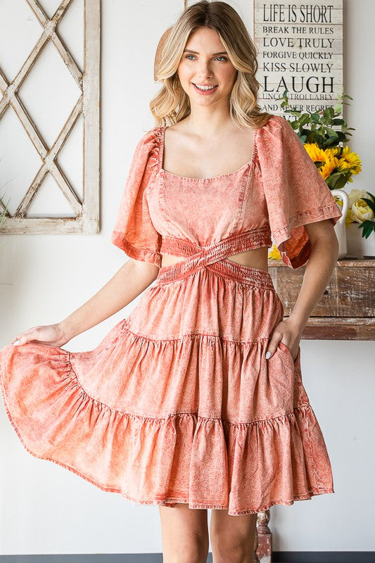 WASHED CROSS CUTOUT TIERED MINI DRESS