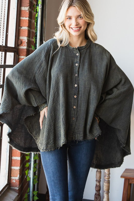 WASHED BUTTON DOWN BATWING SLEEVE OVERSIZED BLOUSE