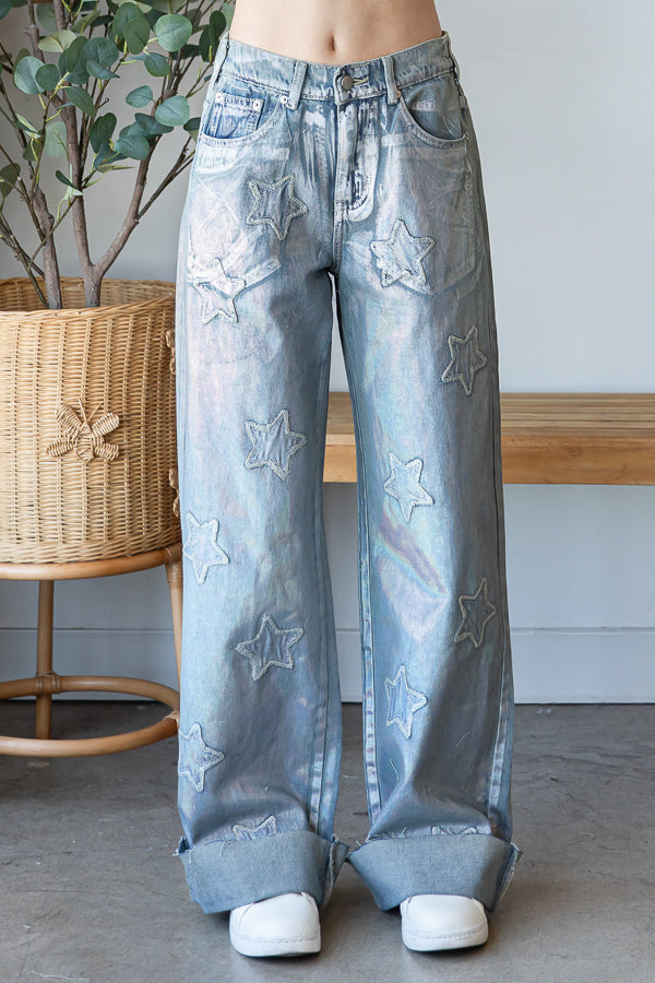 WASHED FOIL LOVE PATCHWORK DENIM JEANS