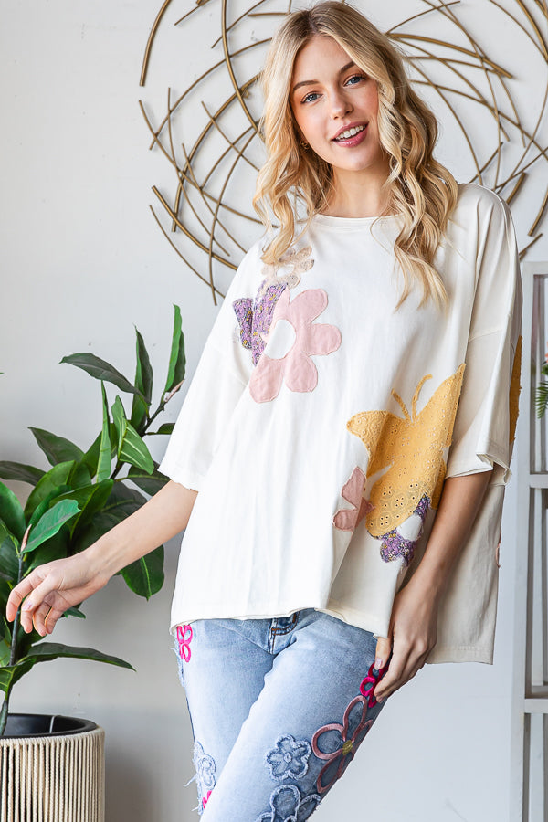 WASHED FLOWER BUTTERFLY PATCHWORK SHORT SLEEVE TOP