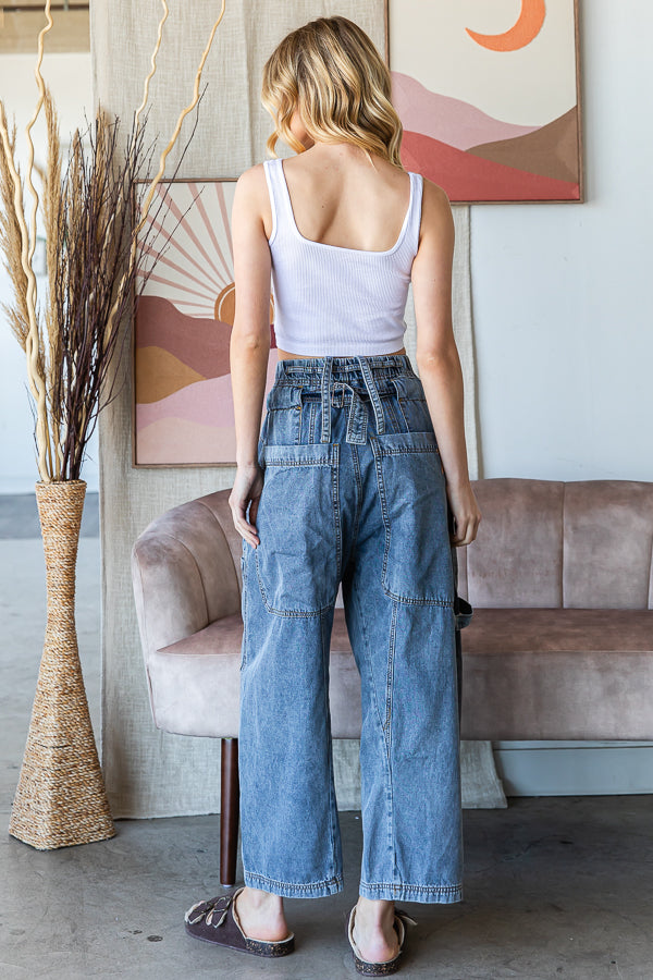 MINERAL WASHED WIDE LEG CARGO DENIM JEANS