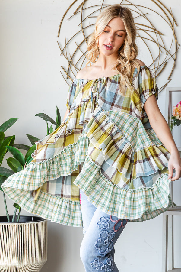 PLAID PATTERN RUFFLE SHORT SLEEVE BABYDOLL TOP