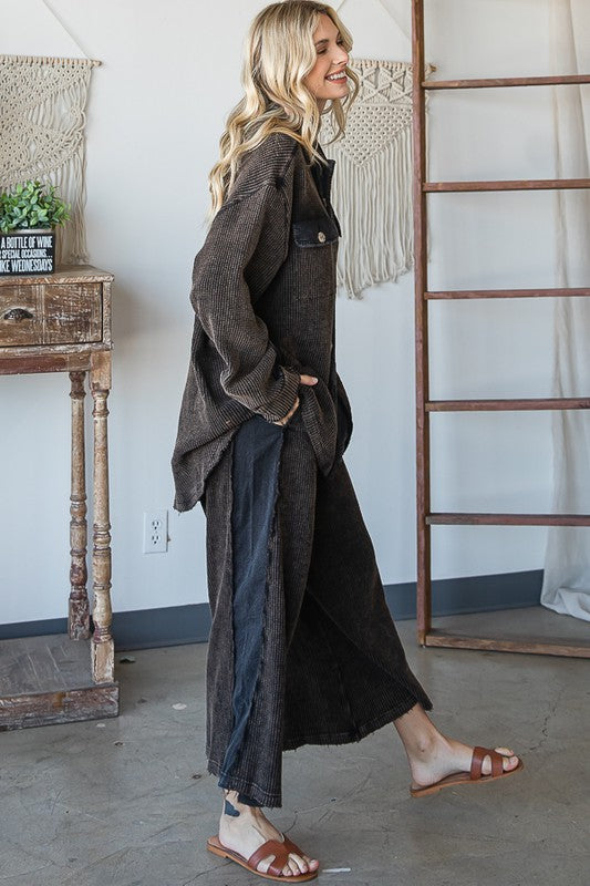 WASHED ELASTIC WAIST BAND WIDE LEG CROPPED PANTS