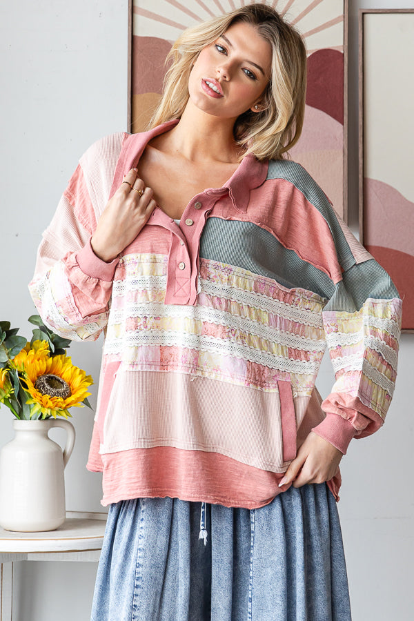 WASHED MIXED FABRIC BUTTON COLLAR LONG SLEEVE TOP