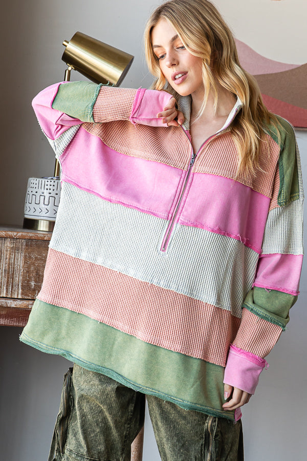 WASHED COLORBLOCK HALF ZIP PULLOVER TOP