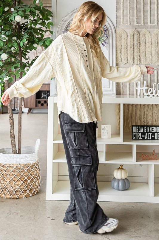 WASHED MANDARIN COLLAR BUTTON OVERSIZED TOP