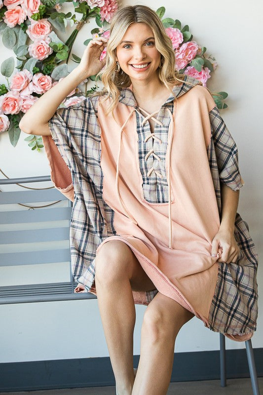 WASHED MIX MEDIA PLAID DETAIL OVERSIZED TUNIC TOP