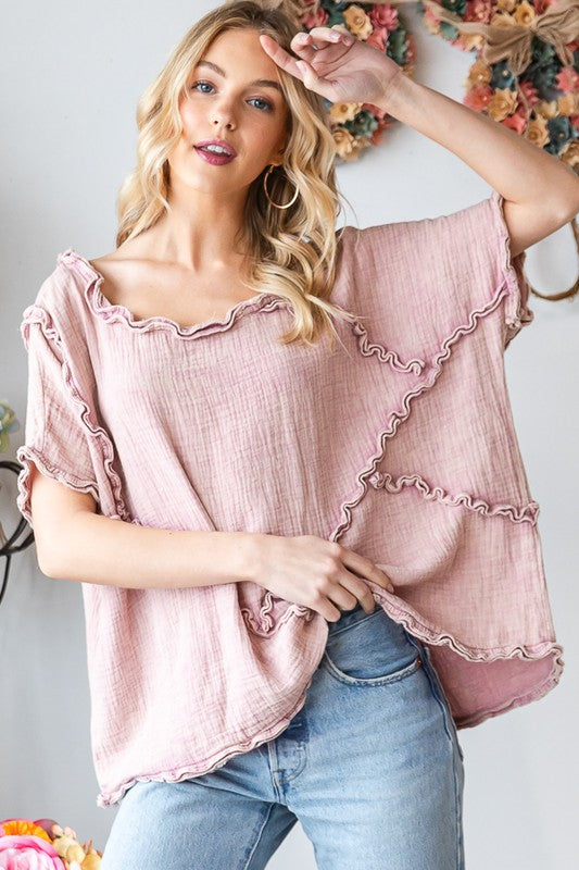 WASHED DOUBLE GUAZE RUFFLED DETAIL OVERSIZED TEE