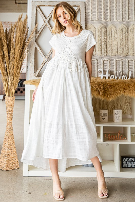 WASHED CROCHET TRIM FLARE HEM MIDI DRESS