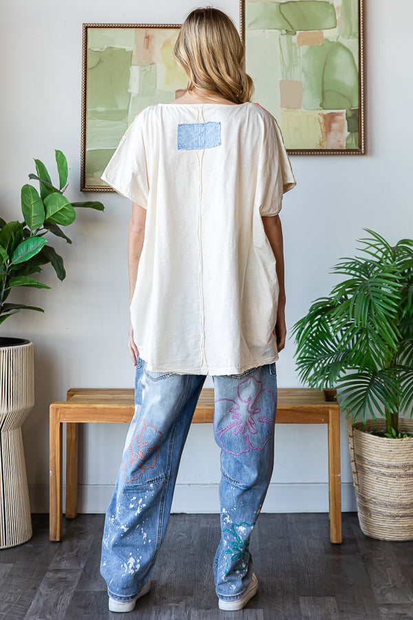 WASHED MULTICOLOR GEO PATCHWORK OVERSIZED TOP