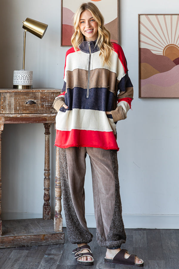 WASHED COLORBLOCK HALF ZIP PULLOVER TOP