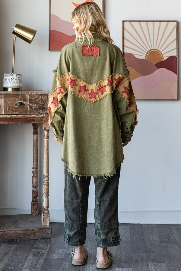 WASHED STAR PATCHWORK BUTTON DOWN SHACKET