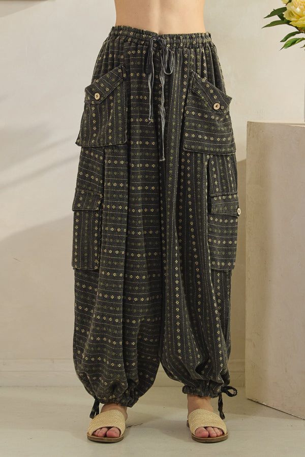 WASHED 3D POCKET FLOWER PATTERN WIDE LEG PANTS