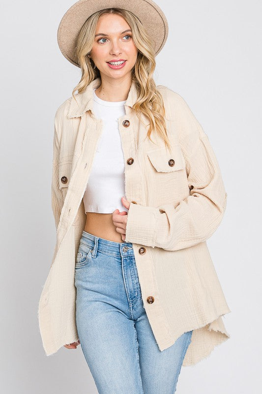 WASHED DOUBLE GAUZE BUTTON FRONT OVERSIZED SHACKET